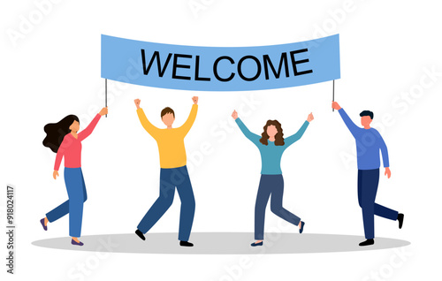 People holding a welcome sign in flat design. Colorful characters welcoming concept.