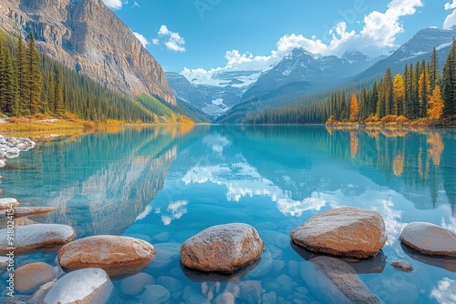 majestic view of lake louise in banff national park turquoise glacial waters snowcapped peaks serene reflection breathtaking canadian wilderness photo