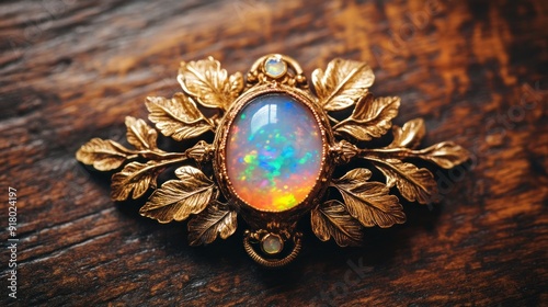 Antique Opal Brooch with Golden Leaf Detail photo