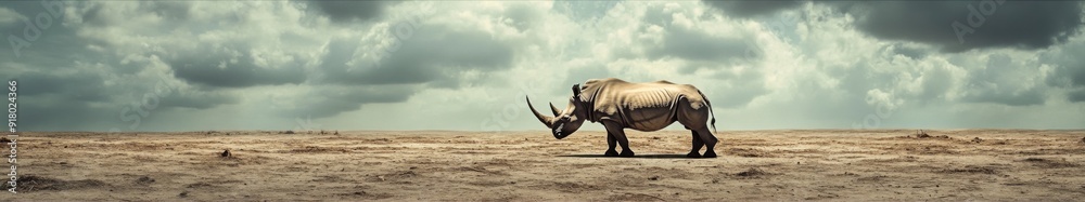 Obraz premium Endangered Rhinoceros Amidst the Climate Crisis and Habitat Destruction, An Urgent Call for Wildlife Conservation and Natural Habitat Preservation.