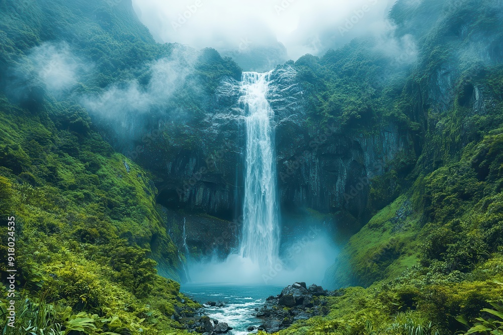 majestic waterfall cascading through lush verdant mountains mist rising from turbulent waters vibrant greens of dense rainforest sense of scale and natural wonder