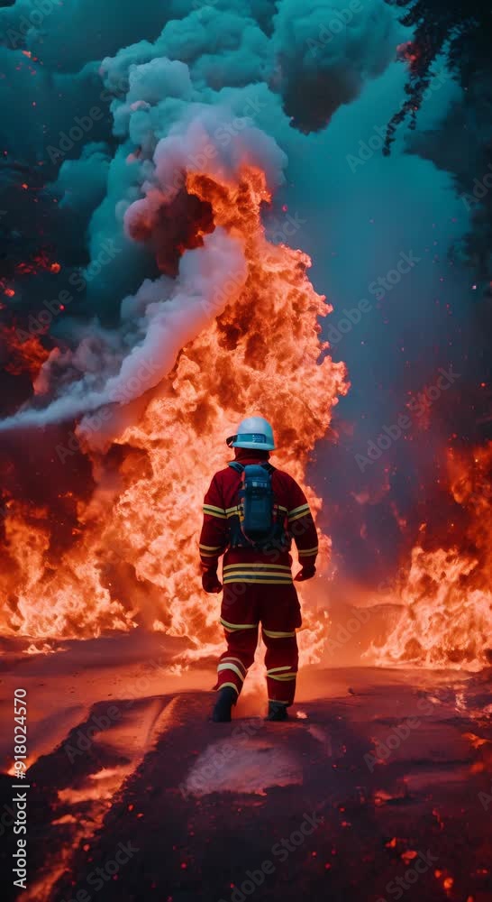A firefighter in protective clothing stands in front of huge flames and smoke, fighting an intense fire.
Concept: fire fighting, courage and emergency situations. A firefighter in protective clothing stands in front of huge flames and smoke, fighting an intense fire.
Concept: fire fighting, courage and emergency situations.