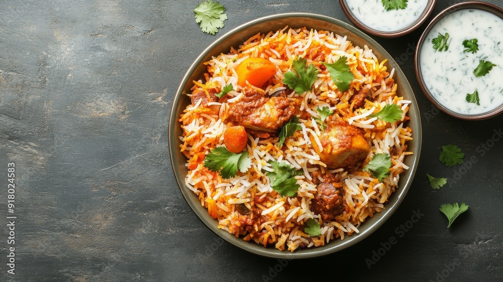 A detailed overhead view of a bowl of biryani with fragrant rice, mixed vegetables, and pieces of chicken or lamb, garnished with fresh herbs and served with raita. A detailed overhead view of a bowl of biryani with fragrant rice, mixed vegetables, and pieces of chicken or lamb, garnished with fresh herbs and served with raita.