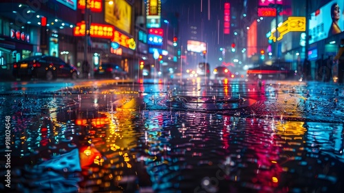 Wallpaper Mural Rainy night in a vibrant city with neon signs reflecting on wet streets creating a colorful urban landscape Torontodigital.ca