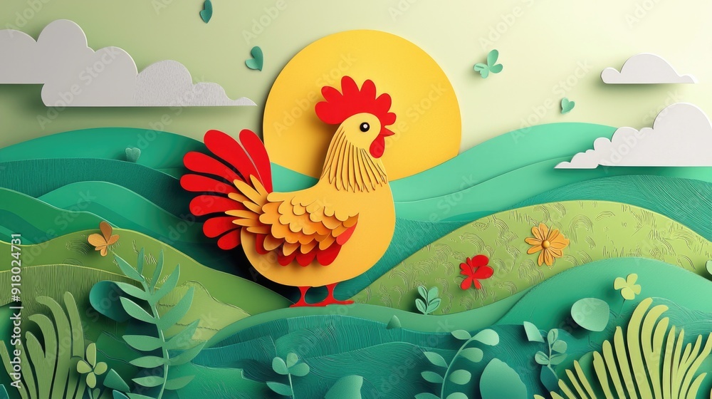 Obraz premium paper cut style illustration chicken colorful 3d filed green hills whimsical clouds