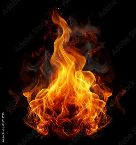 Fire flames isolated on black background close up orange red hot blaze