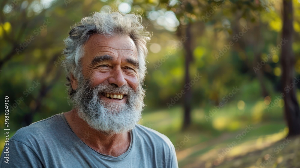 Happy older bearded man standing in nature park outdoors and laughing. Smiling active mature senior traveler looking at camera advertising camping tourism. Close up face front portrait. Happy older bearded man standing in nature park outdoors and laughing. Smiling active mature senior traveler looking at camera advertising camping tourism. Close up face front portrait.