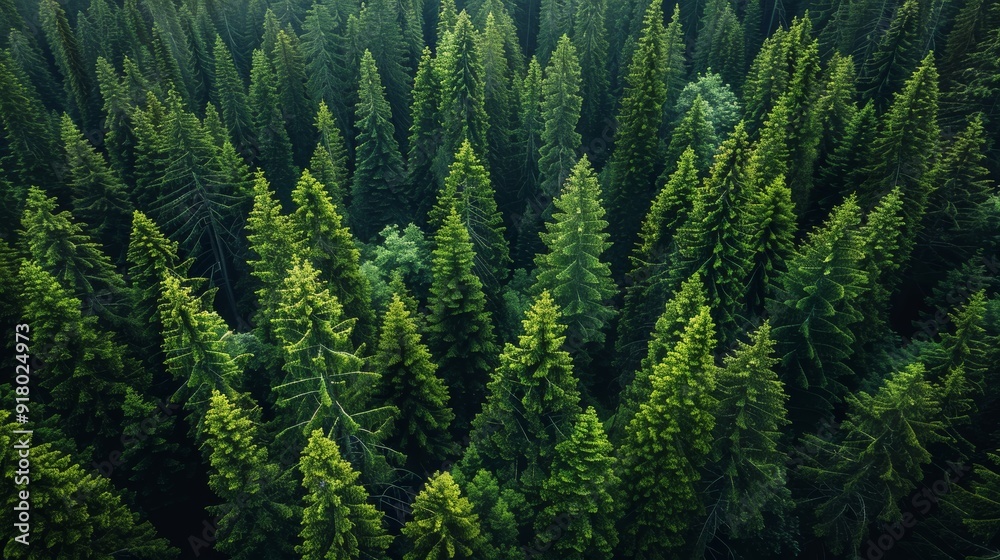 Aerial view of dense evergreen forest in the early morning light showcasing vibrant green hues Aerial view of dense evergreen forest in the early morning light showcasing vibrant green hues