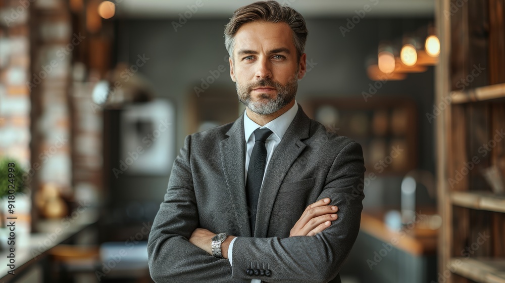 Professional man in a stylish office with arms crossed, showcasing confidence and determination in a modern workspace Professional man in a stylish office with arms crossed, showcasing confidence and determination in a modern workspace