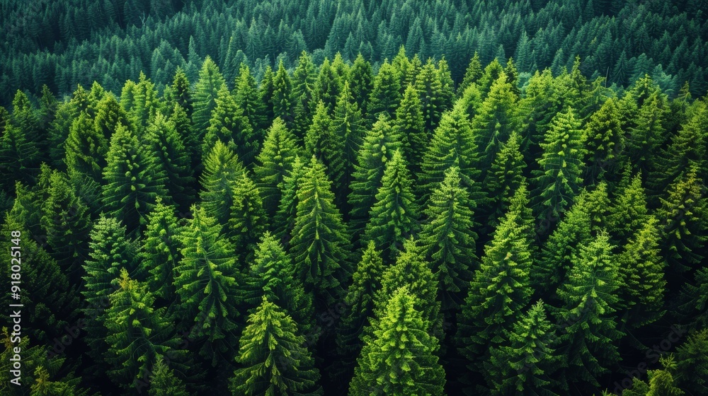 Lush green coniferous forest seen from above during the daytime in a tranquil natural setting Lush green coniferous forest seen from above during the daytime in a tranquil natural setting