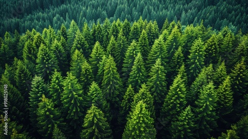 Lush green coniferous forest seen from above during the daytime in a tranquil natural setting