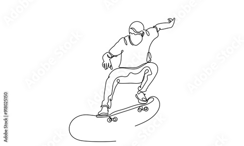 One Continuous line drawing of a skateboarder young teenage man. A Single-line skateboarder jumping boy playing with a skateboard isolated on a white background.