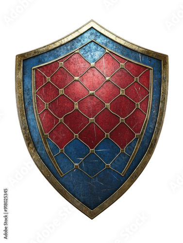 Red and Blue Shield Emblem with Hexagonal Pattern photo