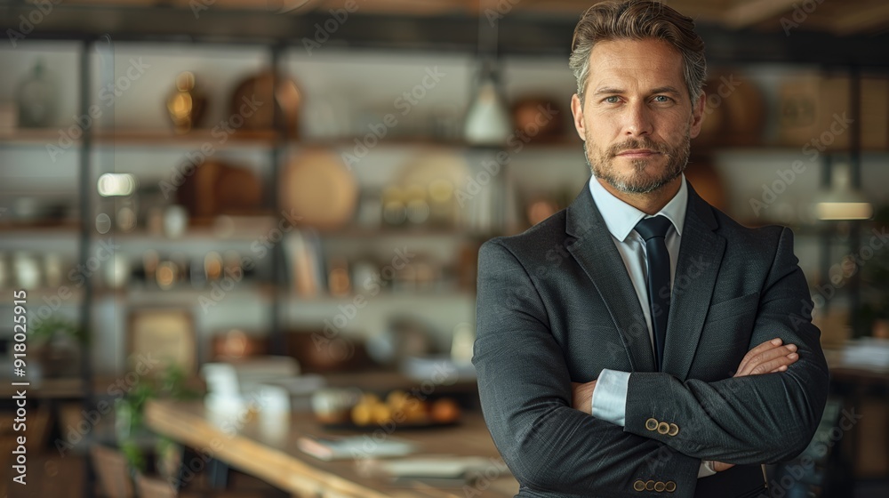 Business professional standing confidently in a modern office with a rustic decor in the late afternoon