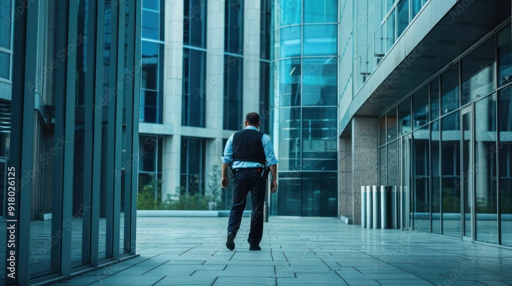 Security Guard Walking Building Perimeter Security Guard Walking Building Perimeter