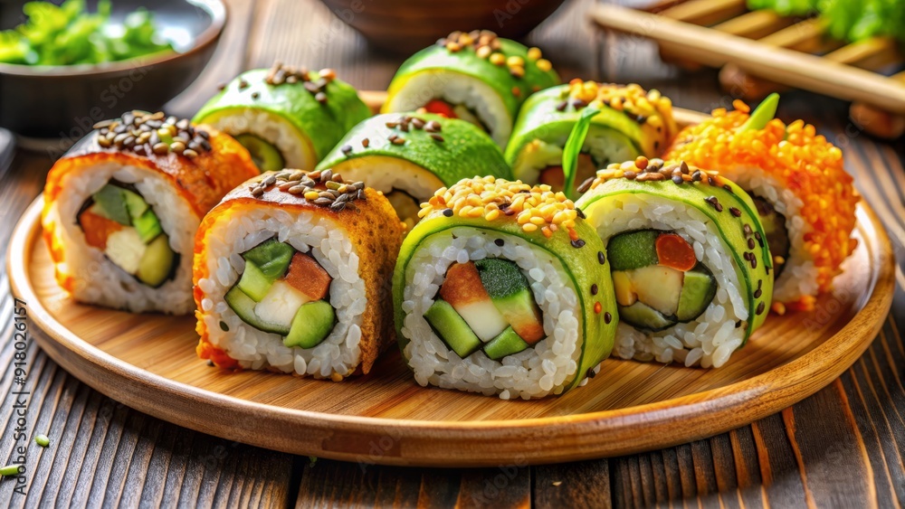 Vibrant assorted vegetarian sushi rolls with cucumber, avocado, and carrot, garnished with sesame seeds and served on a traditional Japanese wooden plate. Vibrant assorted vegetarian sushi rolls with cucumber, avocado, and carrot, garnished with sesame seeds and served on a traditional Japanese wooden plate.