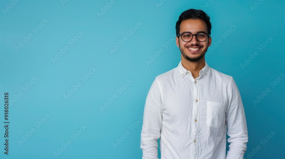 Smiling confident arab young man, male student, professional employee or programmer standing isolated on blue background. Happy handsome ethnic guy wearing shirt and glasses portrait. Smiling confident arab young man, male student, professional employee or programmer standing isolated on blue background. Happy handsome ethnic guy wearing shirt and glasses portrait.