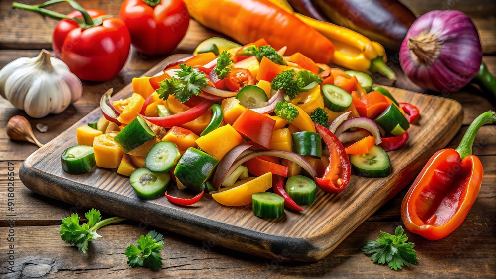 Vibrant bell peppers overflowing with a colorful mix of sautéed vegetables, including carrots, zucchini, and onions, on a rustic wooden cutting board. Vibrant bell peppers overflowing with a colorful mix of sautéed vegetables, including carrots, zucchini, and onions, on a rustic wooden cutting board.