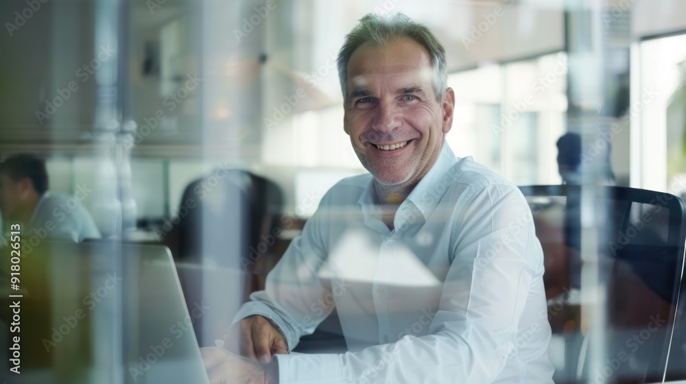 Smiling middle aged business man executive ceo sitting at desk using laptop. Happy professional businessman manager working on computer technology in office. View through glass. Smiling middle aged business man executive ceo sitting at desk using laptop. Happy professional businessman manager working on computer technology in office. View through glass.