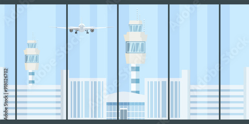 Airport terminal waiting room. Wait hall interior cartoon vector illustration. Monitors with timetable, arrival schedule. Airline industry. International travel, tourism, transportation business.