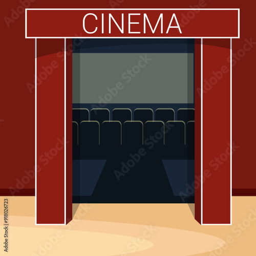 Cinema entrance. Interior hall of movie theatre. Cartoon vector illustration. Cinema festival, show entertainment, film posters. Movie time. Film premiere.