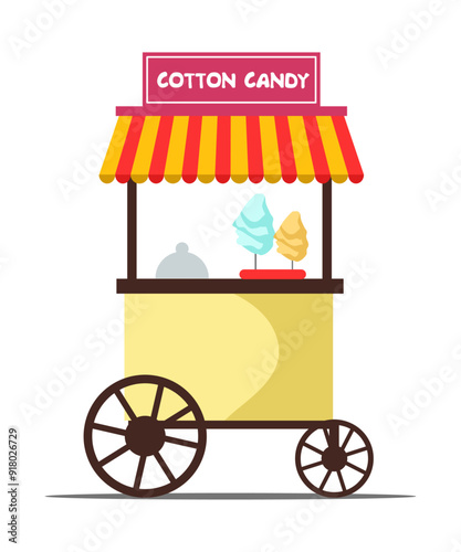 Cotton candy cart. Candy floss stall counter. Outdoor fair market with sweet street food. Vector illustration in flat cartoon design.