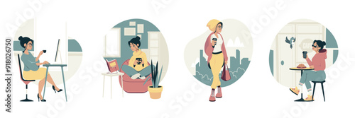Woman drinking coffee vector set. Young girls with coffee or tea sitting at home, in cafe and office and going at street. People enjoy hot drinks. Break for relax. Modern working woman student.