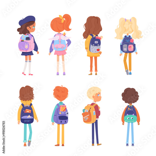 Children with school backpacks back view vector set. Kids girls and boys friends going to kindergarten with bag pack. Cartoon smart students characters. Back to school, education, college concept.