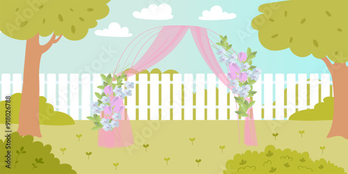 Decorated wedding arch with pink curtains and flowers for garden ceremony. Bridal entrance, gate in park landscape with green trees and lawn. Romantic cartoon vector illustration.