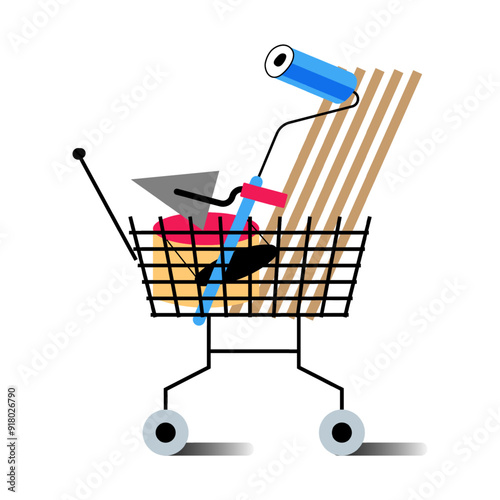 Shopping cart in hardware store. Shop trolley with bucket of paint and plaster, trowel, roller and other tools. Construction store basket emblem. Flat vector illustration isolated on transparent.