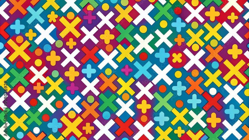 Vibrant colorful background with bold white X and O marks, interspersed with plus signs, creating a dynamic and playful pattern for design and educational themes.