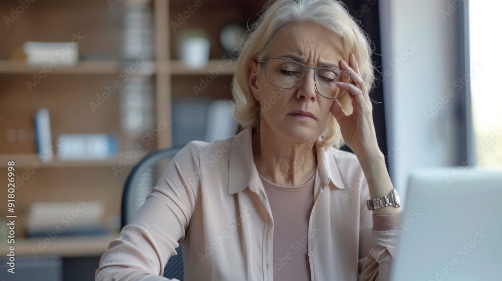 Worried fatigued mature business woman having headache at work. Tired upset busy 40s middle aged businesswoman feeling stress having problem at workplace looking at laptop computer in office Worried fatigued mature business woman having headache at work. Tired upset busy 40s middle aged businesswoman feeling stress having problem at workplace looking at laptop computer in office