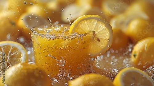 Fresh juice splash with cut off lemon isolated on solid background