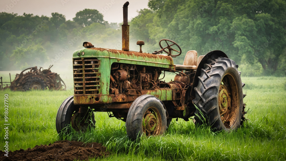 An old rusty tractor on a green field An old rusty tractor on a green field