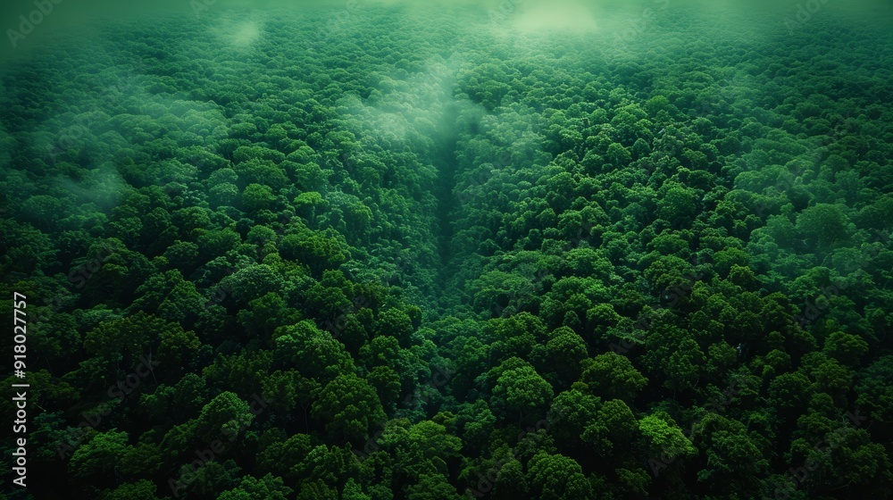Aerial view of dense tropical rainforest shrouded in mist during early morning light Aerial view of dense tropical rainforest shrouded in mist during early morning light