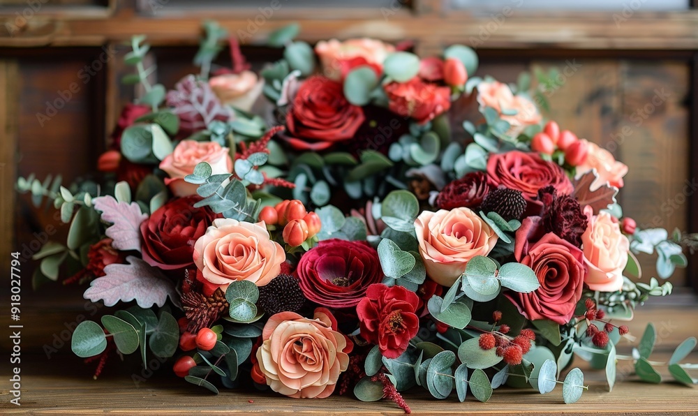 elegant wreath adorned with seasonal flowers and greenery for an indoor wedding elegant wreath adorned with seasonal flowers and greenery for an indoor wedding