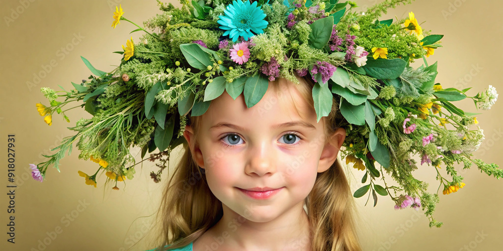 portrait of a little girl with a wreath of flowers portrait of a little girl with a wreath of flowers