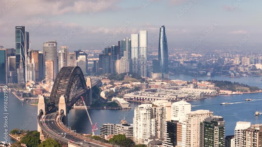 Aerial drone view of Sydney City, the Sydney Harbour and Harbour Bridge, NSW Australia on a partly cloudy morning in August 2024 