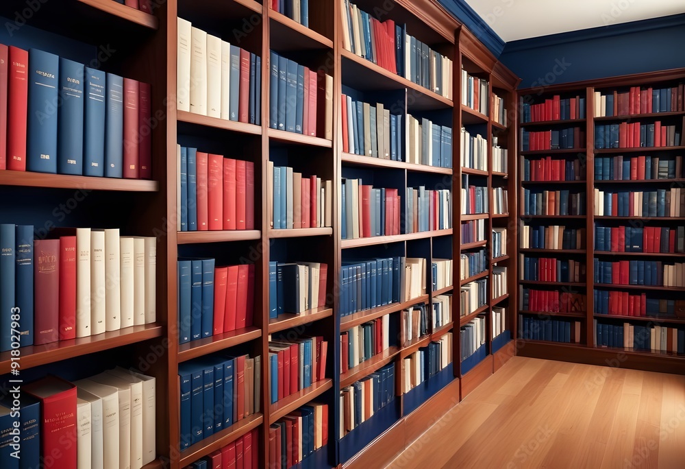 A large, well-lit library or bookstore interior with rows of wooden bookshelves lining the walls and a hardwood floor. The shelves are filled with a variety of books, creating a warm and inviting atmo A large, well-lit library or bookstore interior with rows of wooden bookshelves lining the walls and a hardwood floor. The shelves are filled with a variety of books, creating a warm and inviting atmo