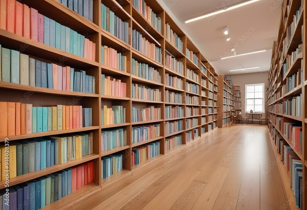 A large, well-lit library or bookstore interior with rows of wooden bookshelves lining the walls and a hardwood floor. The shelves are filled with a variety of books, creating a warm and inviting atmo A large, well-lit library or bookstore interior with rows of wooden bookshelves lining the walls and a hardwood floor. The shelves are filled with a variety of books, creating a warm and inviting atmo