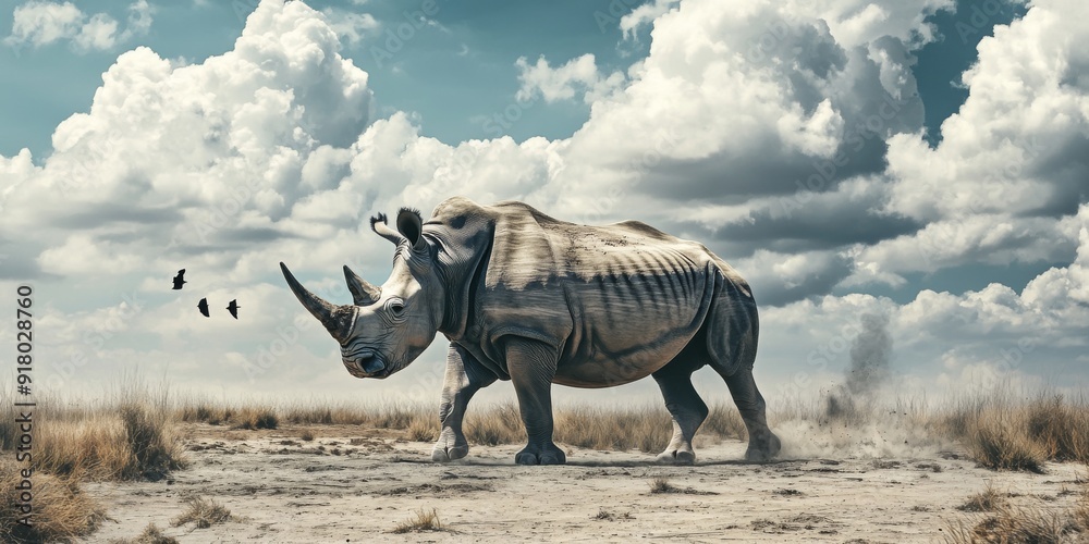 Fototapeta premium Vanishing Giants: Rhinos on the Brink of Extinction Amidst a Desolate Landscape, a Stark Reminder of the Climate Crisis and Habitat Destruction.