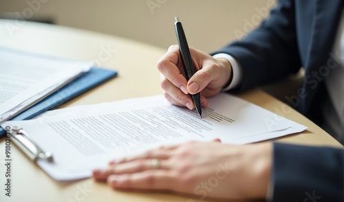 a business person signing a contract on a desk. Generative AI. 