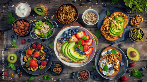 Wallpaper Mural healthy food table top view featuring avocado toast, fresh fruits like strawberries and blueberries, bowls of yogurt with granola and nuts, directly above view, all arranged on a rustic wooden table. Torontodigital.ca