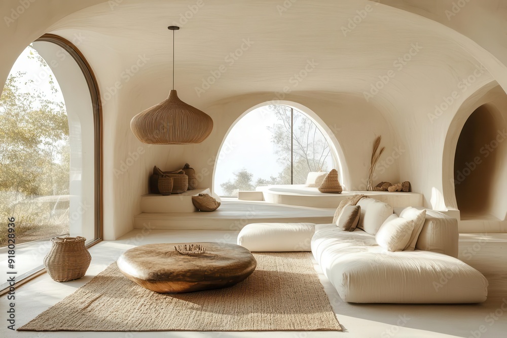minimalist scandinavian living room with oversized arched windows featuring a sculptural pendant light and earthy tones soft natural light bathes organic shapes and textures minimalist scandinavian living room with oversized arched windows featuring a sculptural pendant light and earthy tones soft natural light bathes organic shapes and textures