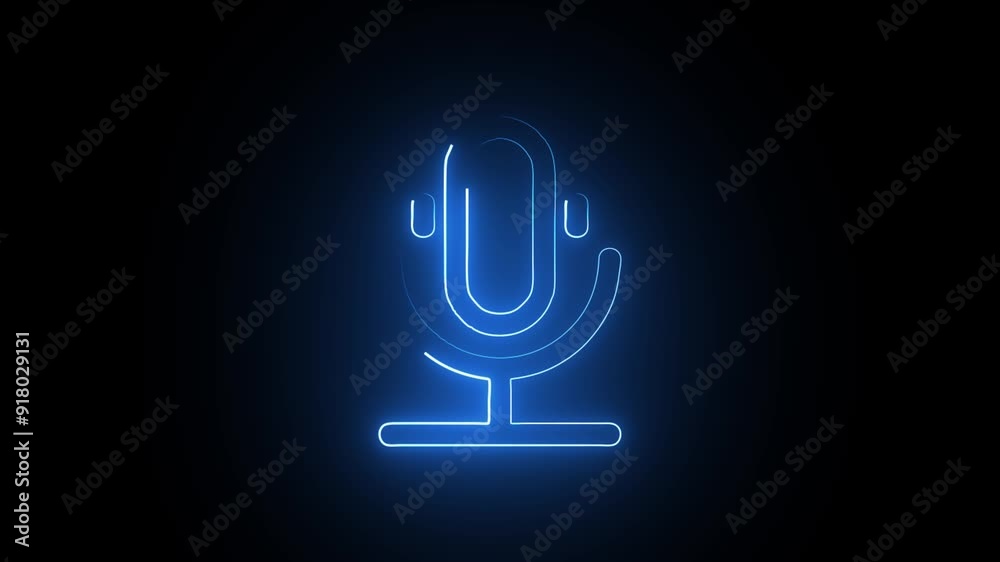 Blue Neon Microphone icon animation on background .voice record icon with black background