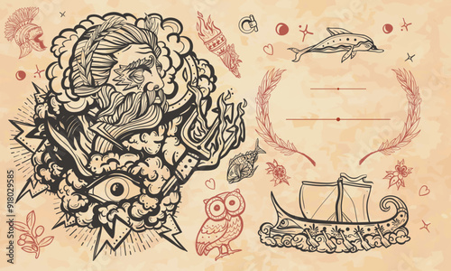 Ancient Greece. Historical myths heroes and legends. Art background. Medieval manuscript, engraving style