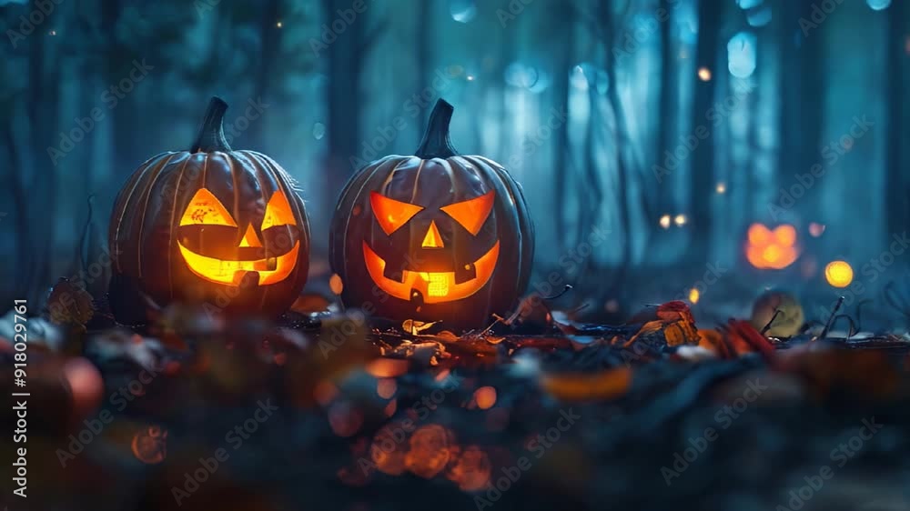 HD video showcasing a carved pumpkin face with candle-lit background, featuring a bat silhouette. scene is dimly lit, emphasizing the glowing pumpkin's features and creating a spooky Halloween HD video showcasing a carved pumpkin face with candle-lit background, featuring a bat silhouette. scene is dimly lit, emphasizing the glowing pumpkin's features and creating a spooky Halloween