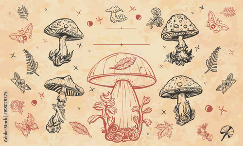 Mushrooms frame. Old paper vector. Cover page template. Autumn forest, vertical background. Medieval manuscript, engraving style