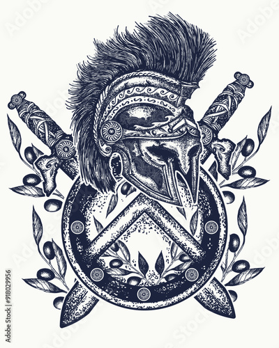 Spartan helmet crossed swords and shield. Symbol of bravery, fight, hero and army. Ancient Rome and ancient Greece concept war t-shirt design