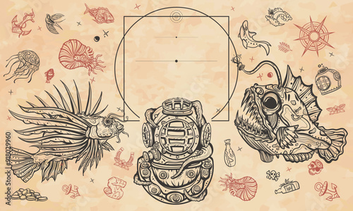 Underwater world. Scuba diver helmet, octopus kraken tentacles. Sea monsters. Angler fish, lionfish, jellyfish. Art background. Medieval manuscript, engraving style